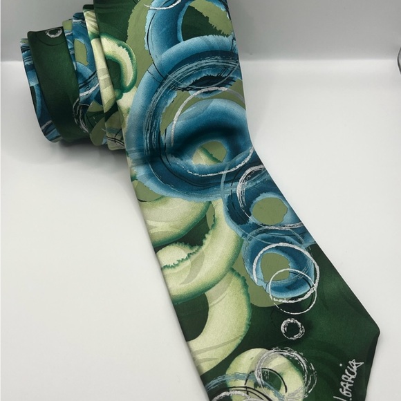 J. Garcia 100% silk Abstract Green and Teal Tie - Picture 2 of 8